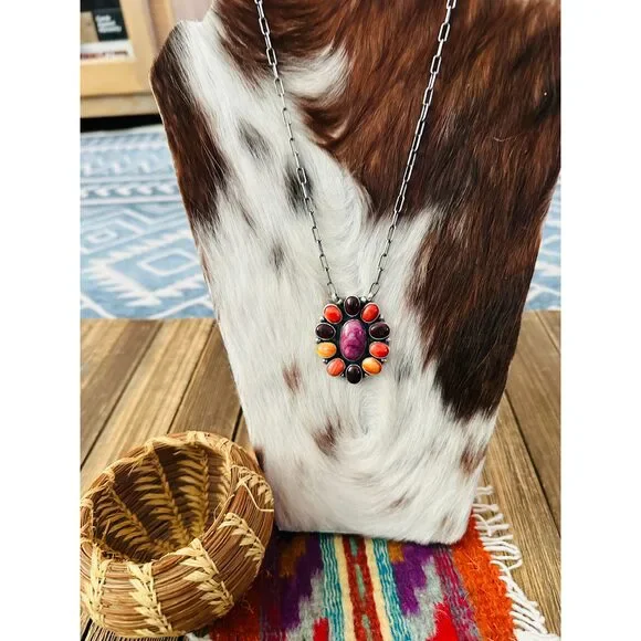 Handcrafted Multicolor Spiny Oyster & Sterling Silver Cluster Necklace by Sheil